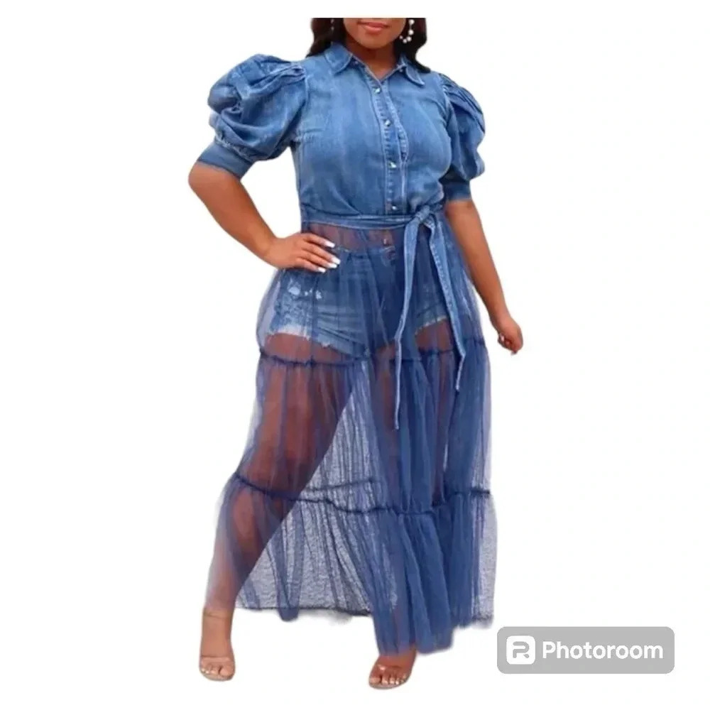 XPLUS WEAR Short Puffed Sleeves Tie Waist Tiered Tulle Hem Denim Blouse size 3XL - Picture 2 of 7